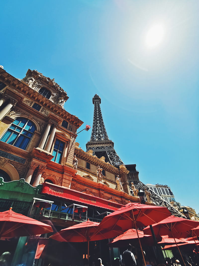 Paris LV, architecture, buildings, eiffel tower, hotel, las vegas, sunshine, travel, HD phone wallpaper