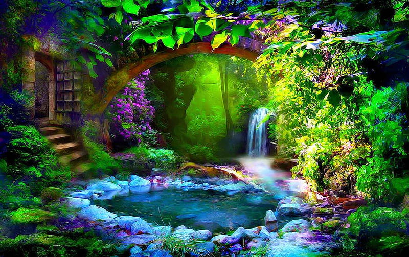 Secret Gaden an the Magical Pond, pond, green, garden, magical, secrte, HD wallpaper