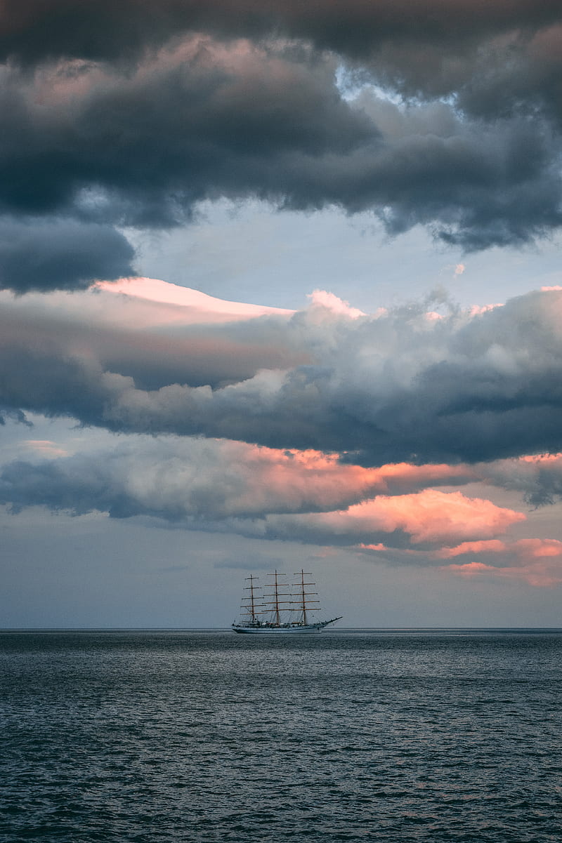 ship, sea, horizon, clouds, ripples, HD phone wallpaper