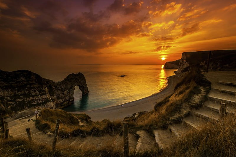 Dorset, England, beach, sun, colors, stairs, clouds, sky, coast, HD wallpaper
