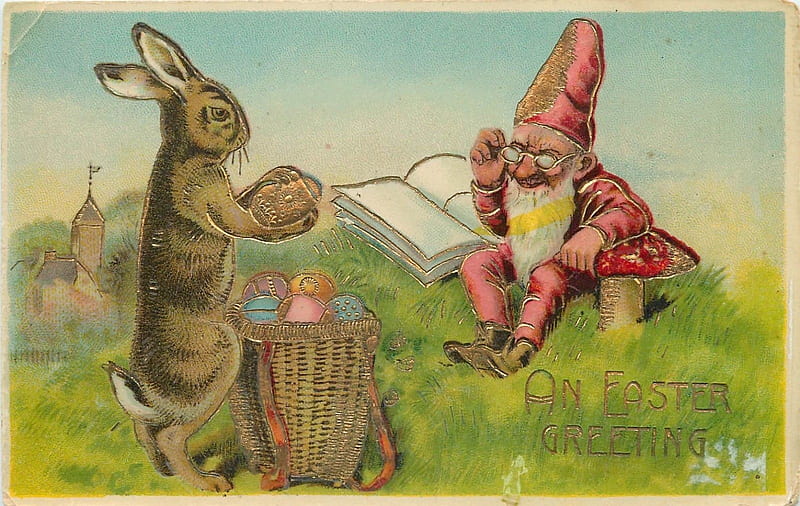 Happy Easter!, retro, rabbit, gnome, spring, easter, bunny, dwarf, card, vintage, HD wallpaper