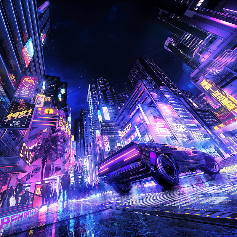 cyberpunk, neon, night, car, HD phone wallpaper