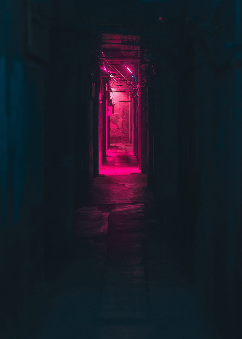 corridor, neon, dark, pink, light, HD mobile wallpaper