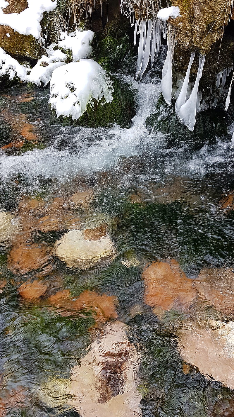 Water, ice, river, rocks, snow, source, stones, winter, HD phone wallpaper