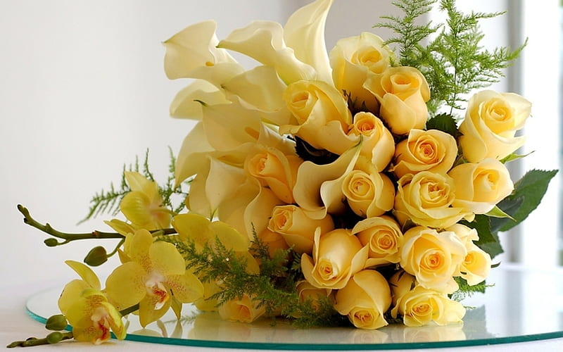 Yellow Flowers, yellow, orchideas, roses, callas, HD wallpaper