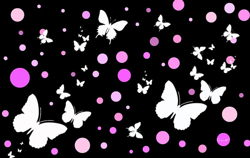 Butterflies, dot, bokeh, butterfly, texture, black, by cehenot, white, pink, HD wallpaper