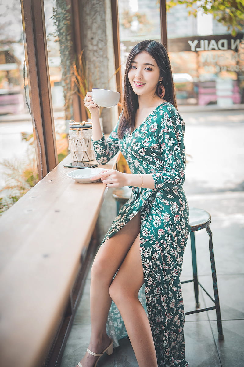 Asian, women, model, legs, dark hair, cup, smiling, HD phone wallpaper