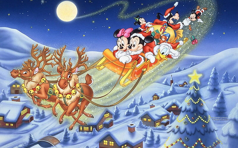Merry Christmas!, red, christmas, mickey mouse, santa claus, tree, moon, city, fir, reindeer, disney, blue, HD wallpaper