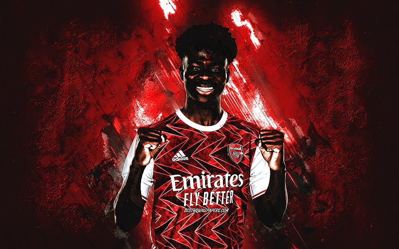 Bukayo Saka, Arsenal FC, English footballer, portrait, red stone background, creative art, football, HD wallpaper