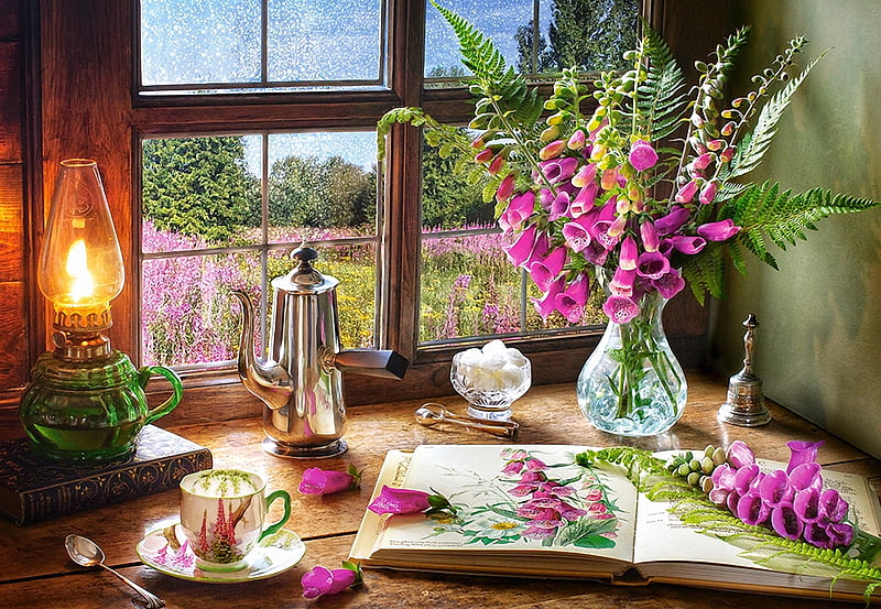 Still Life with Violet Foxgloves, flowers, garden, table, window, lamp, HD wallpaper