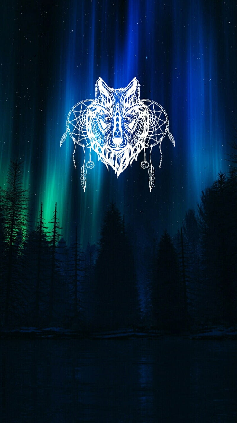 Wolf, blue, colours, dreamcatcher, native american, northern lights, warrior, HD phone wallpaper