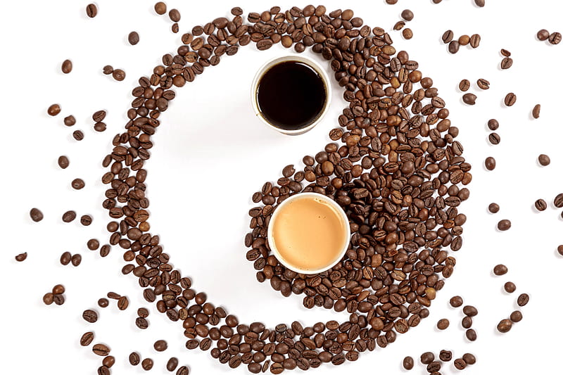yin yang, coffee beans, coffee, beans, mugs, HD wallpaper