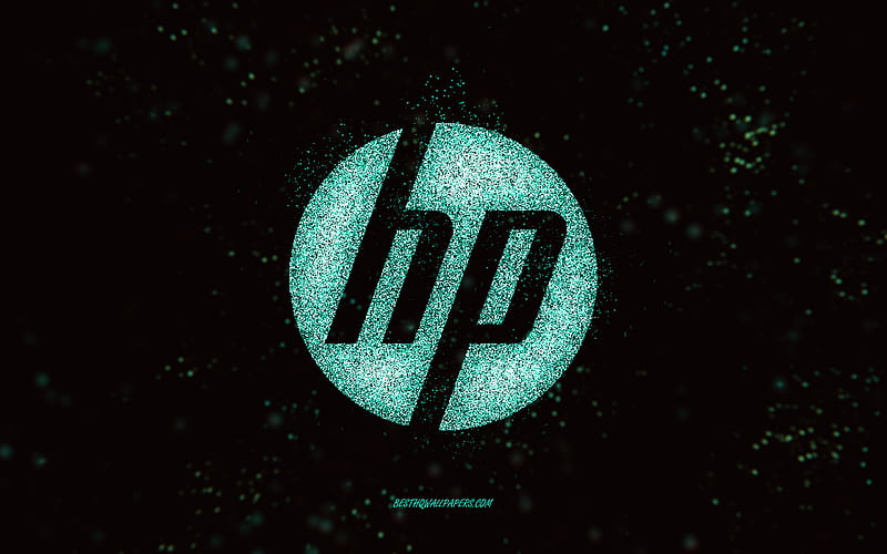 HP glitter logo, black background, HP logo, turquoise glitter art, HP, creative art, HP turquoise glitter logo, Hewlett-Packard logo, HD wallpaper