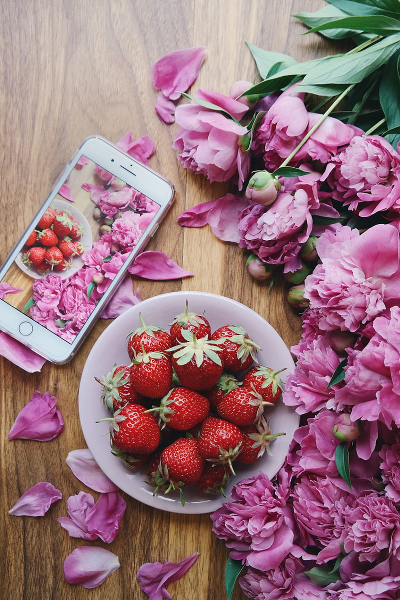 strawberries, peonies, flowers, phone, HD phone wallpaper