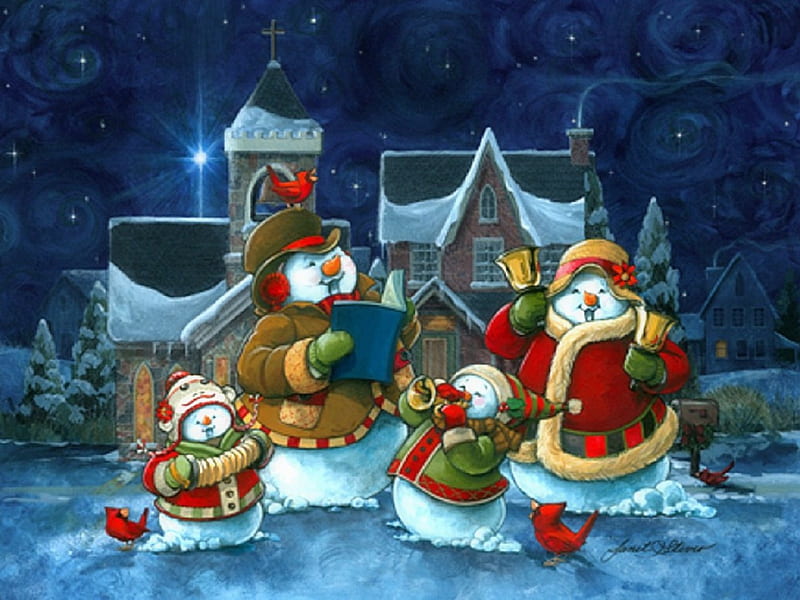 ★Make a Joyful Noise★, scarves, family, home, most ed, seasons, xmas and new year, greetings, paintings, gloves, people, singing, drawings, traditional art, night, joyful, snowmen, hats, cardinal birds, christmas, love four seasons, festivals, creative pre-made, church, snow, winter holidays, weird things people wear, celebrations, HD wallpaper