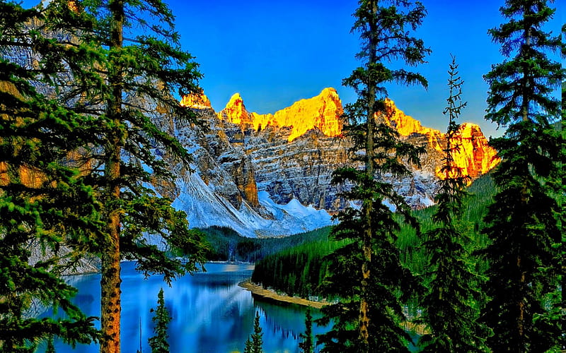 MORAINE LAKE, forest, lake, moraine, Canada, mountains, peaks, Alberta, Banff, landscape, HD wallpaper