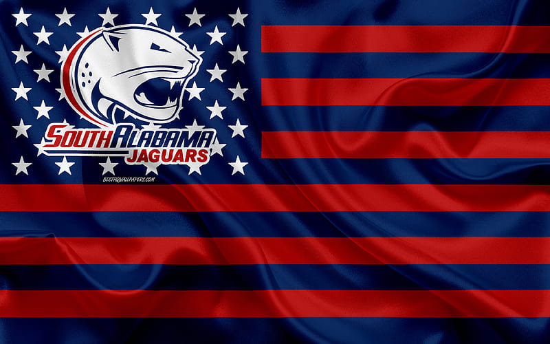 South Alabama Jaguars, American football team, creative American flag, blue red flag, NCAA, Mobile, Alabama, USA, South Alabama Jaguars logo, emblem, silk flag, American football, HD wallpaper