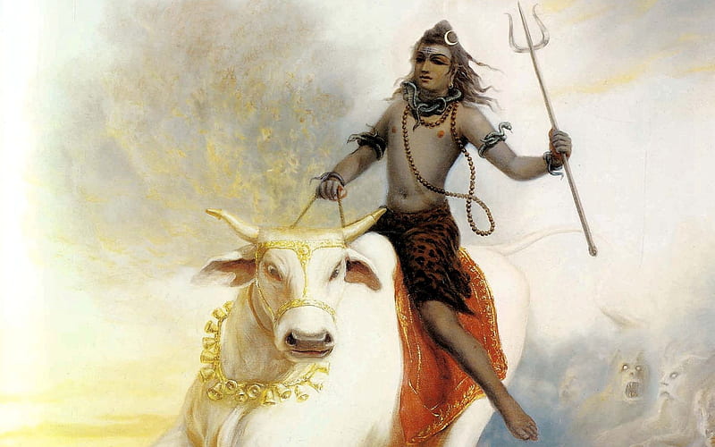 Shiva with Nandi, art, nandi, cow, shiva, hinduism, animal, fantasy, snakes ghosts, vaca, god, HD wallpaper