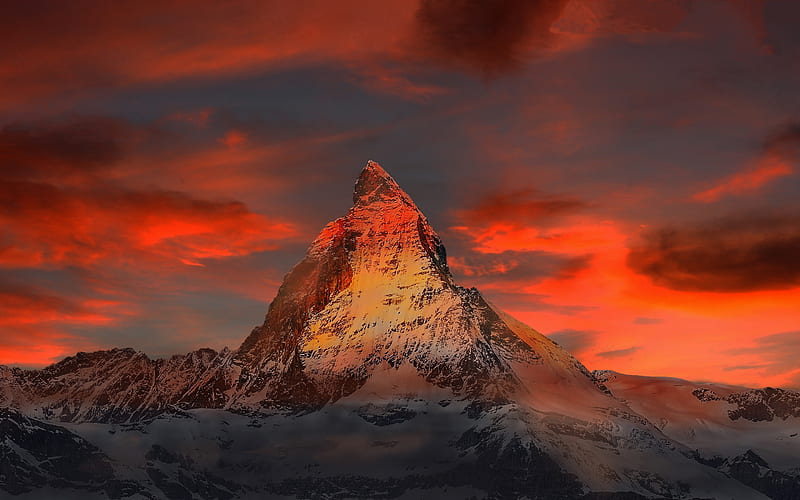 Mont Cervin, Matterhorn, rock, sunset, mountain landscape, Western Alps, Italy, Alps, Monte Cervino, HD wallpaper