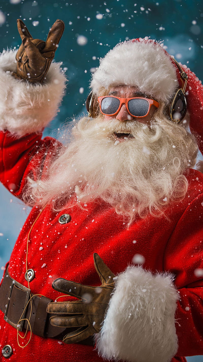 Rocking santa, eyeglasses, headphone, holiday, music, rock, HD phone wallpaper