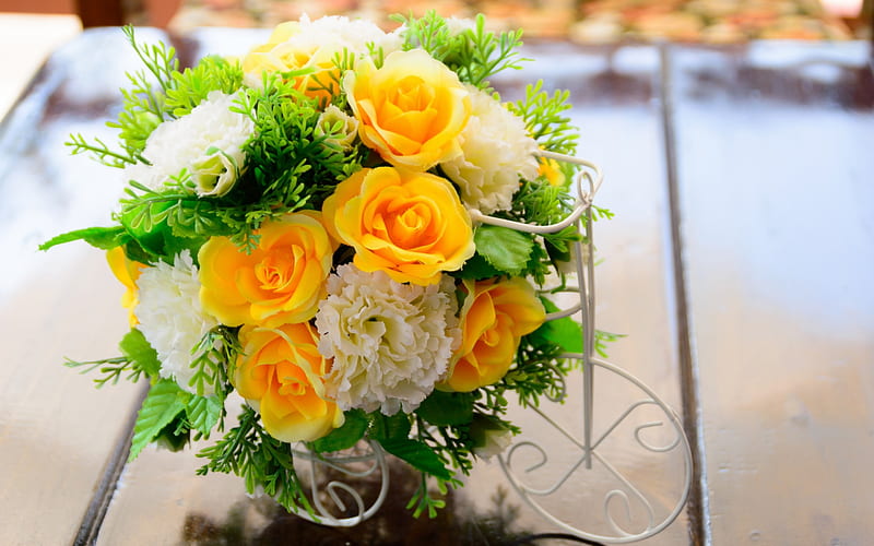 wedding bouquet, yellow roses, white chrysanthemums, bridal bouquet, beautiful flowers, roses, HD wallpaper