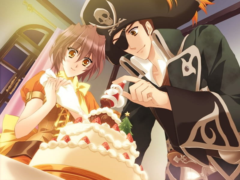Christmas Cake, cake, pretty, pirate, sweet, fruit, nice, love, anime, handsome, anime girl, eyepatch, lovely, food, sexy, short hair, cute, cap, tasty, lover, strawberry, guy, hungry, hot, couple, female, delicious, male, brown hair, hat, kawaii, boy, girl, cream, HD wallpaper