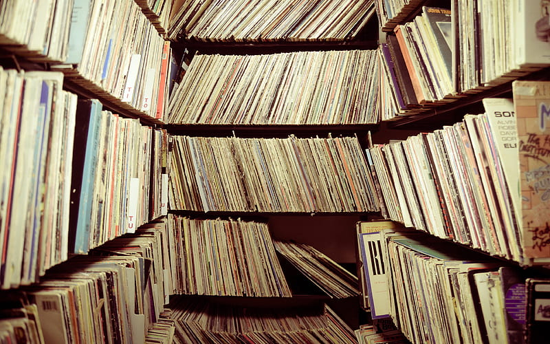 library of vinyl records, music lover concepts, shelves, old records, HD wallpaper