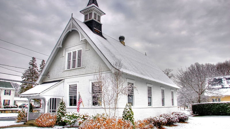 quaint town church in winter r, steeple, town, bishes, r, church, winter, HD wallpaper
