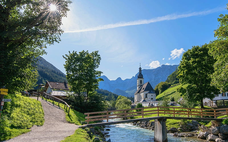 Landscape in Bavaria, Germany, Bavaria, sun, bridge, mountains, river, road, Germany, church, Europe, HD wallpaper