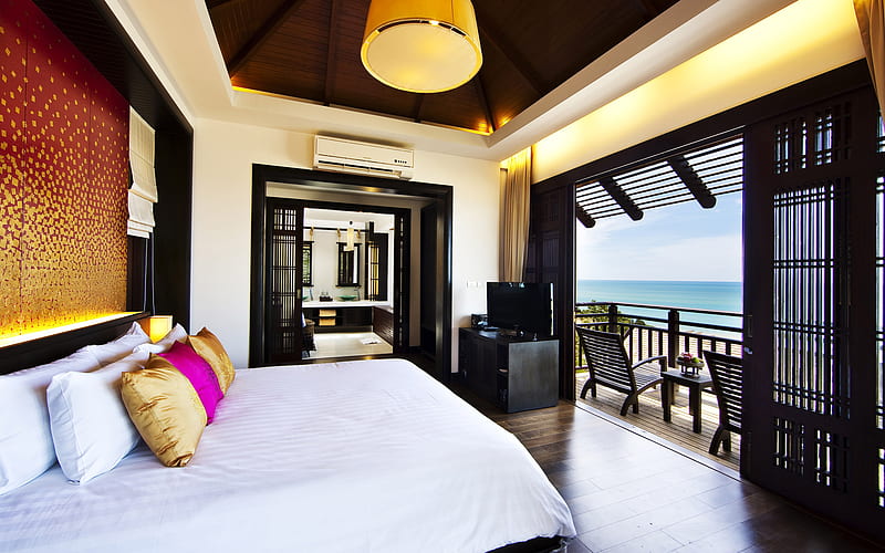 Bedroom's view architecture, view, inner architecture, balcony, bedroom, wall, bed, sea pillows, HD wallpaper