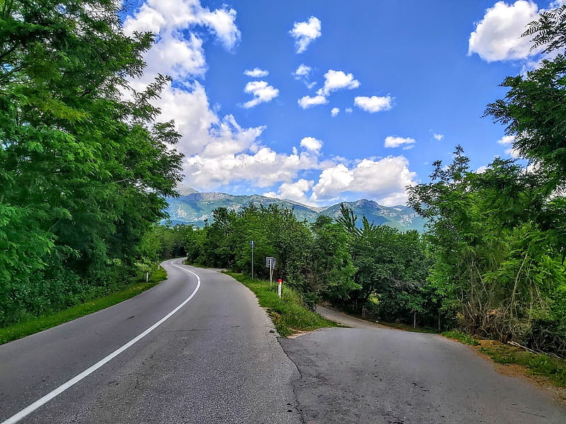 Road that leads to the mountains, Mountains, Trees, Sky, Road, HD wallpaper
