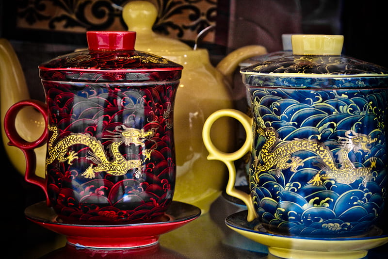 Dragon Cups, red, crockery, mugs, cups, blue, porcelain, HD wallpaper