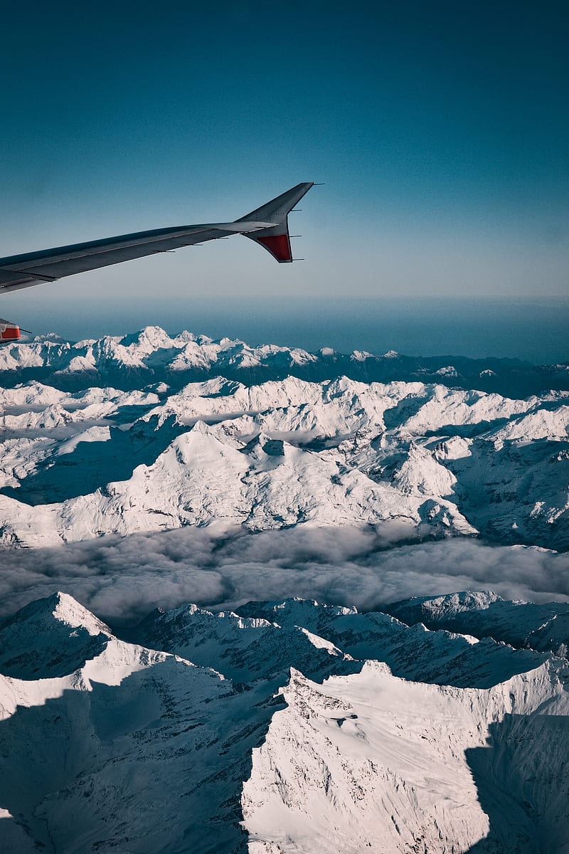 red and white airplane wing over snow covered mountain, HD phone wallpaper