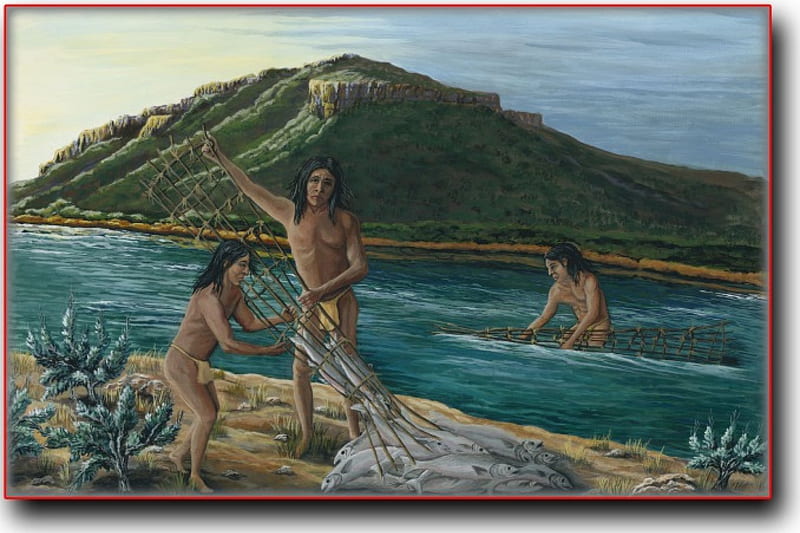 Native, art, people, Mountain, fishermen, sky, rivers, HD wallpaper