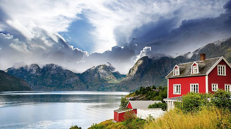 House at a norwegian fjord, fog, clouds, landscape, sky, water, rocks, mountains, HD wallpaper