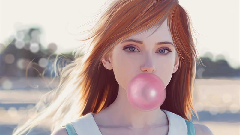 Blowing bubble-gum, girl, pink, redhead, fantasy, luminos, bubble gum, HD wallpaper