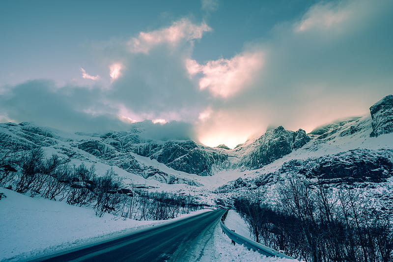 mountains, winter, road, snow, clouds, norway, HD wallpaper