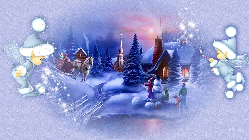 Christmas Time, snow, village, horse, artwork, angels, winter, HD wallpaper