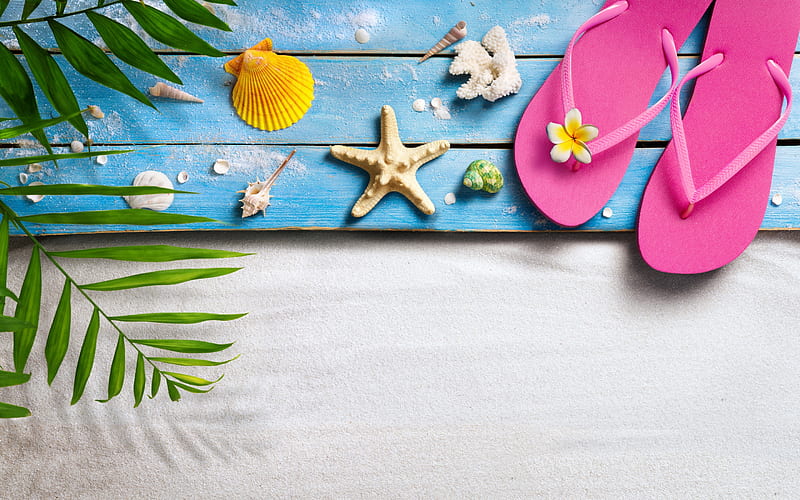 Happy Summer!, card, blue, starfish, colorful, slippers, yellow, palm, leaf, shell, green, flower, summer, pink, HD wallpaper