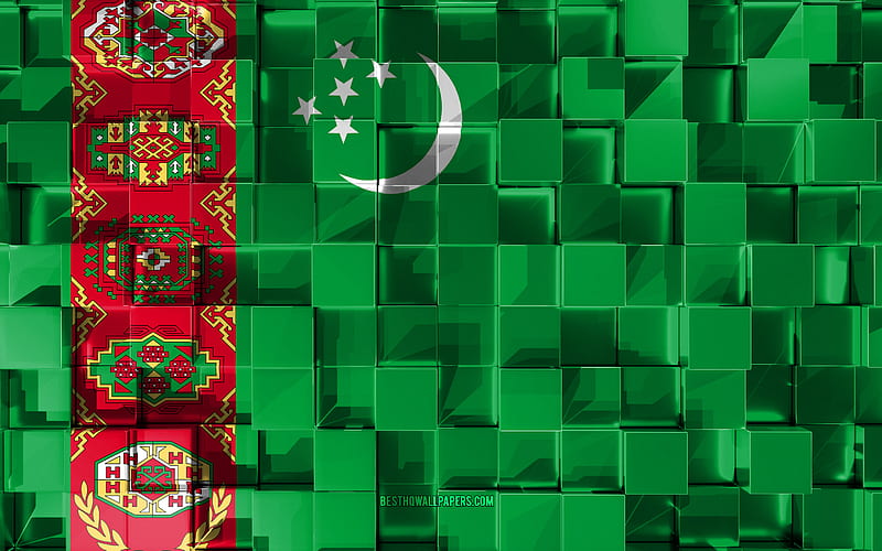 Flag of Turkmenistan, 3d flag, 3d cubes texture, Flags of Asian countries, 3d art, Turkmenistan, Asia, 3d texture, Turkmenistan flag, HD wallpaper