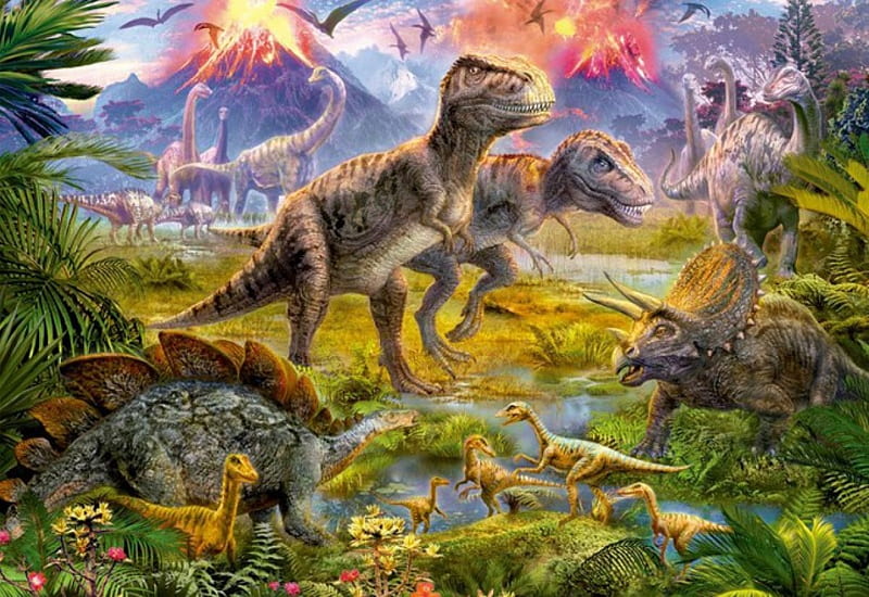 Dinosaur Gathering, family, montains, wild, Gathering, Dinosaur, HD wallpaper
