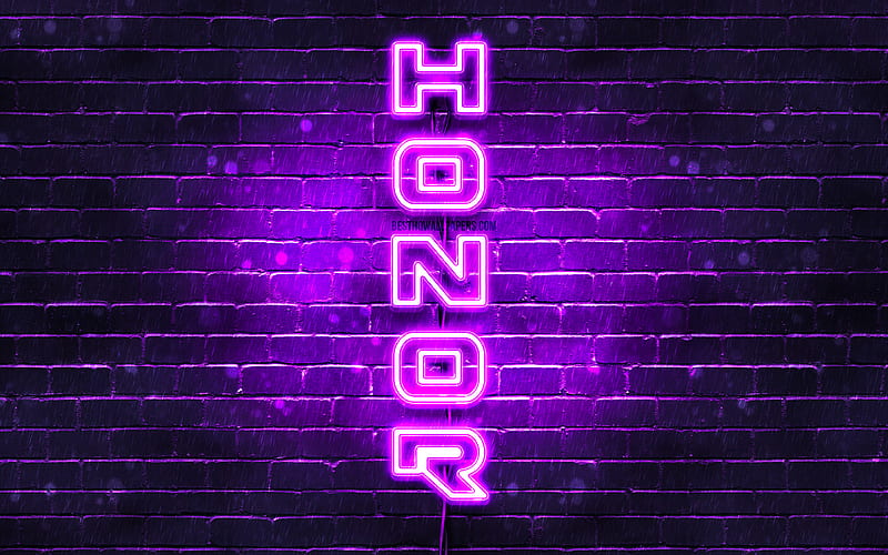 Honor violet logo, vertical text, violet brickwall, Honor neon logo, creative, Honor logo, artwork, Honor, HD wallpaper