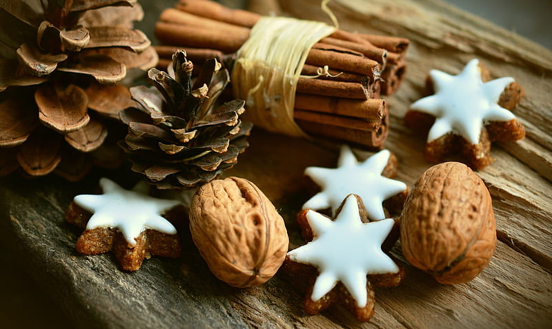 Cinnamon Stars, Stars, Christmas, Nuts, Cinnamon, Cookies, Pinecone, HD wallpaper