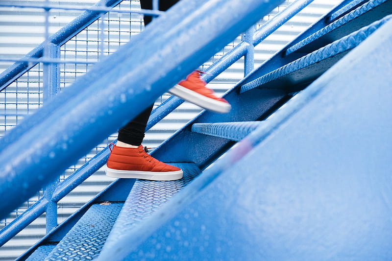 person stepping on blue stairs, HD wallpaper