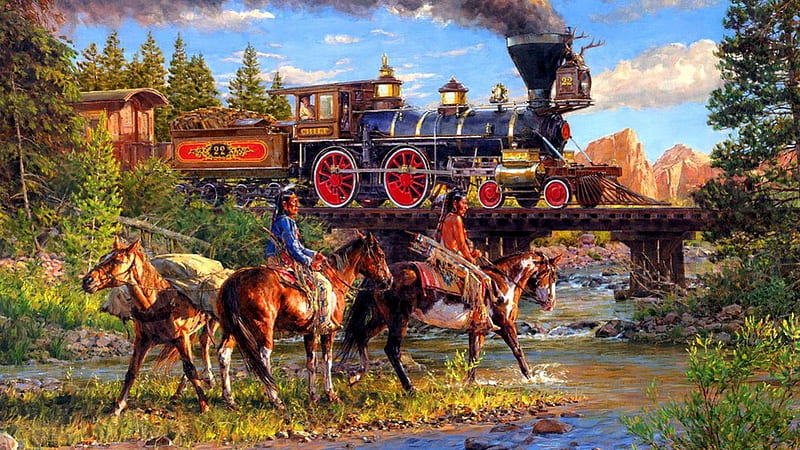 Old West Railroad, tressal, train, indians, horses, HD wallpaper