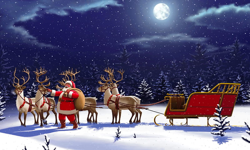 Santa Claus, sleigh, pretty, holiday, christmas, winter, snow, ride, moonlight, reindeers, HD wallpaper