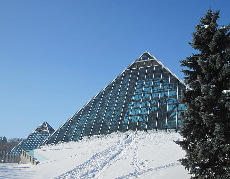 A blue sky on the pyramids of Edmonton, glass, tree, graphy, snow, sky, blue, Winter, HD wallpaper