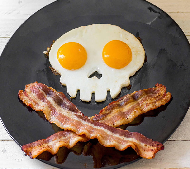 killer breakfast, bacon, breakfast, crossbones, eggs, evil, funny, plate, skull, HD wallpaper
