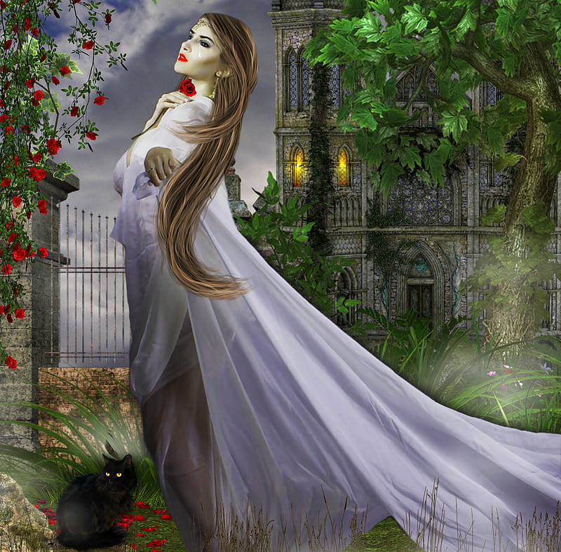 ~Lost of Love~, pretty, dress, grass, premade BG, lost of love, charm, bonito, digital art, women, red rose, hair, fantasy, manipulation, emotional, love, animals, female, lovely, model, roses, trees, cat, i miss you, girl, dark, plants, flower, weird things people wear, castle, HD wallpaper