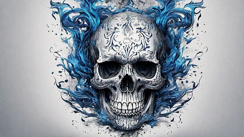 Blue Skull, skull, blue, abstract, flames, HD wallpaper